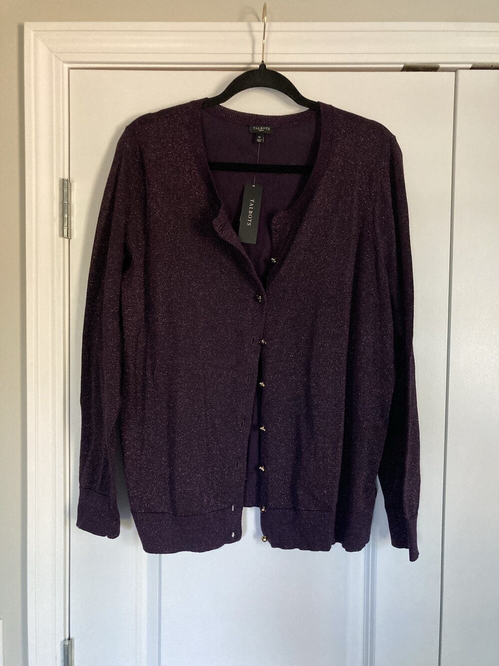 Talbots Womens Sparkle Plum Purple Button Cardigan Holiday Plus Sz 1X